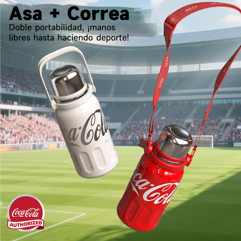 Coca-Cola Termo para Camping, Botella Térmica Portátil de 40oz con Correa y Asa, Termo Aislante de Viaje de Acero Inoxidable 316, Botella para Agua Mantiene el Frío hasta 72 Horas o el Calor hasta 48 Horas, 100% A Prueba de